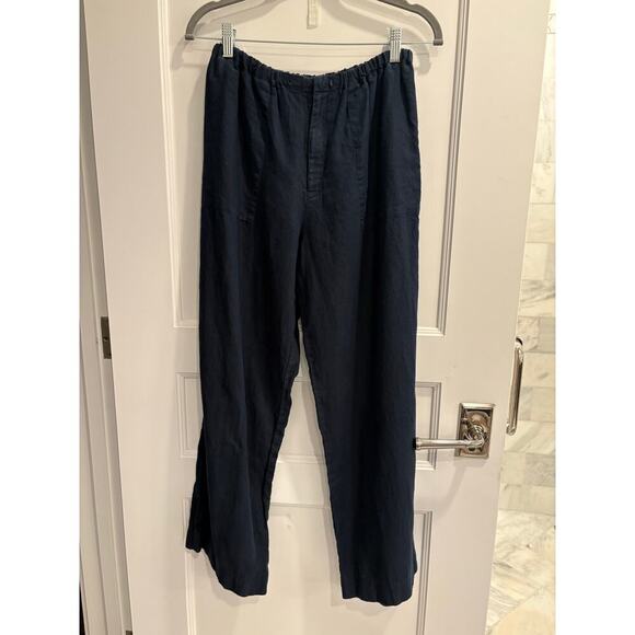 Gap 14 100% Linen Navy Blue Elastic Waist Pants (Missing Drawstring) Wide Leg - Picture 2 of 6